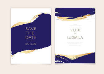 invitation cards with luxurious gold and dark blue marble background texture and abstract ocean style vector template for wedding, new year, events.