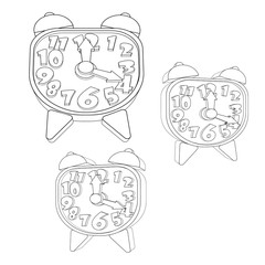 Vector set of bright alarm clocks. Paper alarm clocks. Isometric. Isolated on white background.