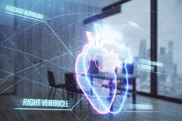 Heart hologram with minimalistic cabinet interior background. Double exposure. Medical education concept.