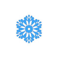 Snowflake blue sign. Silhouette design blue snowflake on white background. Symbol of Christmas holiday season. Colorful template for prints, card. Isolated graphic element. Flat vector illustration.