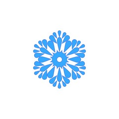 Snowflake blue sign. Silhouette design blue snowflake on white background. Symbol of Christmas holiday season. Colorful template for prints, card. Isolated graphic element. Flat vector illustration.