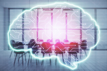 Double exposure of brain drawing hologram on conference room background. Concept of data analysis