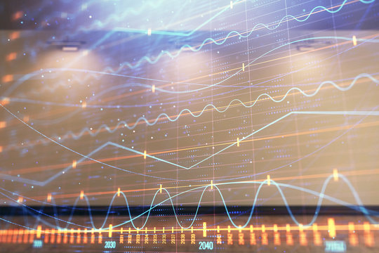 Double exposure of financial graph on empty room interior background. Forex market concept.