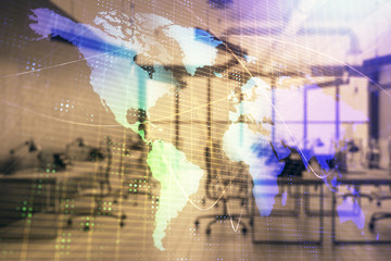 World map with trading desk bank office interior on background. Multi exposure. Concept of international finance