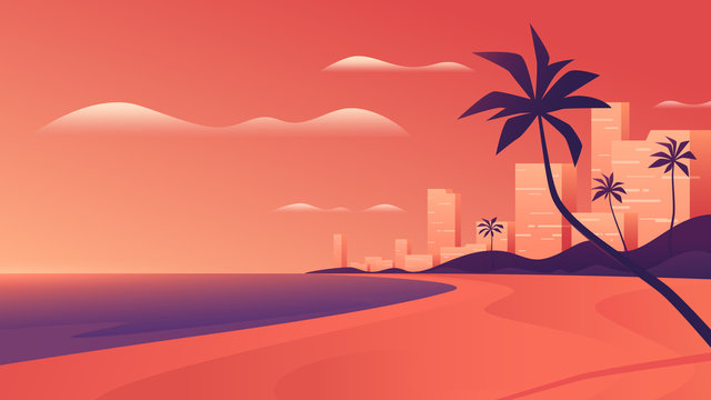 Coastal Resort City At Vivid Sunset On The Ocean Beach. Vector Illustration