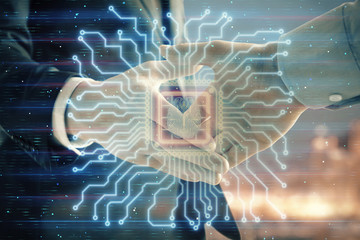 Double exposure of human brain drawing on city view background with handshake. Concept of brainstorm