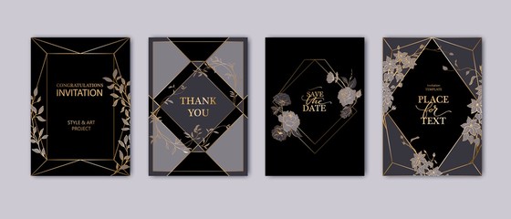 Floral frame design. Wedding invitation arrangement. Botanical composition with geometric frame. Hand drawn flowers, leaves, roses. Composition for card, invitation, save the date.