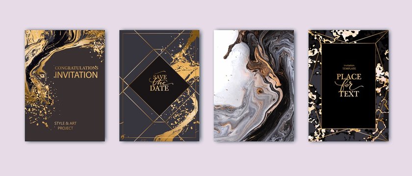 Modern card design. Hand drawn splatters. Marble texture. Gold, white, black colors brochure, flyer, invitation template. Business identity style. Geometric shape. Vector.