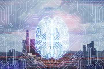 Double exposure of human brain drawing on Moscow cityscape background. Concept of data analysis