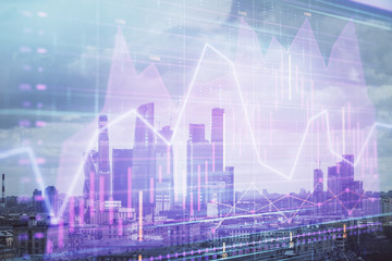 Double exposure of financial graph on downtown veiw background. Concept of stock market research and analysis