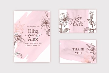 Blush watercolor texture card. Floral, lilies wedding invitation design. Pale pink hand painted brush stroke. Wedding, thank you card, invitation template.