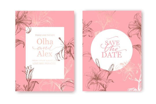 Set of elegant brochure, card, cover. White and rose gold marble texture.   Botanical art. Hand drawn pink lilies. Romantic wedding invitation.