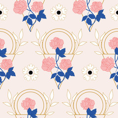 Elegant pink roses and geometric elements in a seamless pattern design