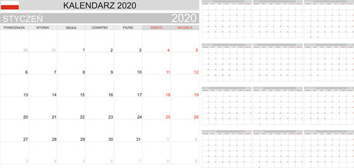 Polish Planner Calendar 2020, Kalendarz planer polski 2020, monthly planning, color calendar template for year 2020, weeks, months, Polish Language, set of 12 months, printable calendar vector 