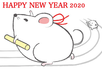 ネズミ,ねずみ,鼠,子,年賀状素材,はがきテンプレート,イラスト素材,かわいい,可愛い,ポップ,ポップな,おしゃれな,年賀状,年賀,テンプレート,素材,書き込み,書き込みスペース,余白,書き込める,正月,お正月,年賀はがき,新年,挨拶状,干支,ヨコ,横,横位置,イラスト,イラストレーション,白鼠,白ネズミ,白ねずみ,ハツカネズミ,梅の花,横向き,走っている,リレー,イノシシ,バトン,2020,笑っ