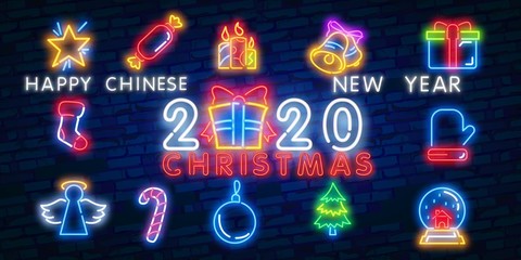 Set of Christmas and New Year icons in a flat style with neon effect. Transparent glow effect. Brick wall background.