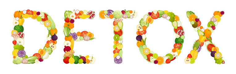 Lettering detox made of fruits and vegetables. Vector inscription of food. Concept on the theme of healthy eating and diets. Word isolated on a white background.