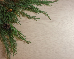 Christmas flat lay with tree branches and cinnamon sticks