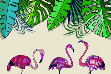 Obraz na płótnie Canvas pink flamingo, tropical leaves. vector illustration eps10. hand drawing.