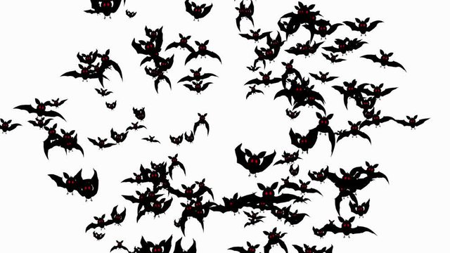 Black symbol of Halloween pumpkin which turns into bat mice flying right into the screen on white background