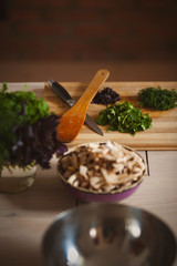Appetising ingredients for pancakes on kitchen table be in cozy home.