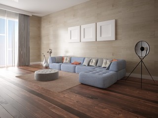 Mock up a spacious living room with a large corner sofa and an original hipster background.