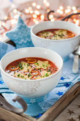 Hearty Tomato Pasta Soup. Winter Decoration.