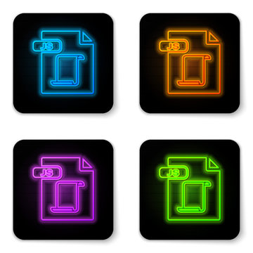 Glowing neon JS file document. Download js button icon isolated on white background. JS file symbol. Black square button. Vector Illustration