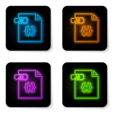 Glowing neon JS file document. Download js button icon isolated on white background. JS file symbol. Black square button. Vector Illustration
