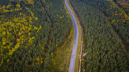 Fototapeta premium Aerial view of a car on the road. Autumn landscape countryside.
