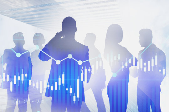 Business people in city, digital graphs