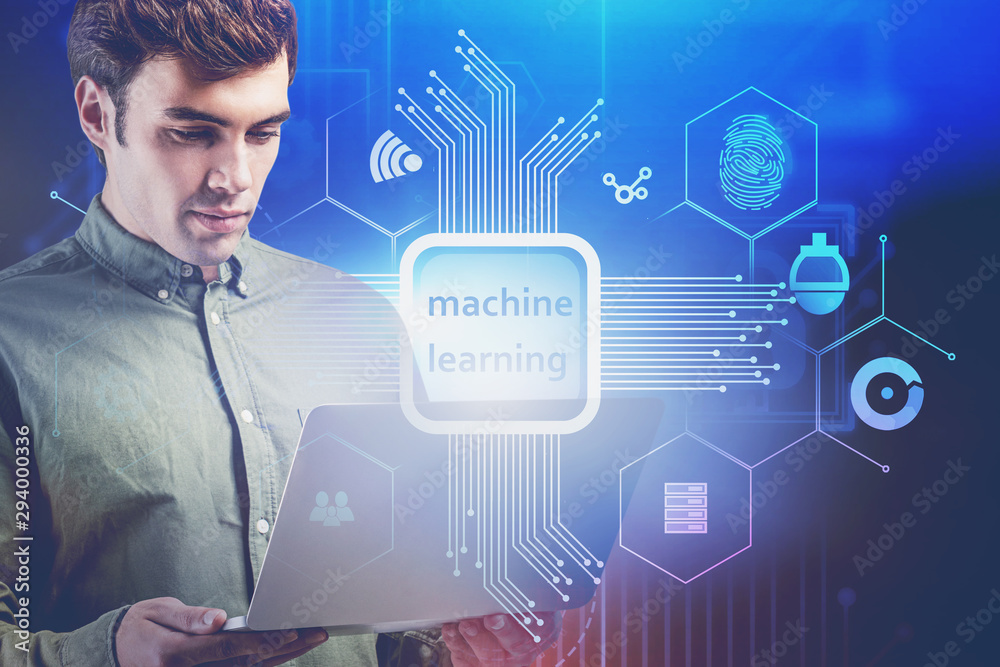 Poster man with laptop using machine learning interface