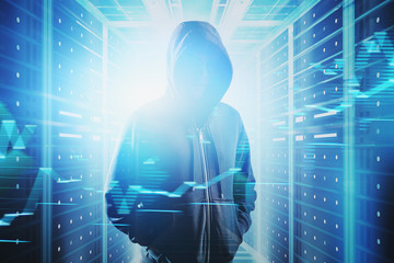 Hacker in data center, cyber security