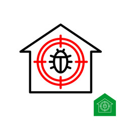 Pest control logo. Roach bug with round aim symbol in a house silhouette. Bad insects extermination.