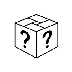 Loot box icon. Square cube outline box with question marks. Surprise gift symbol. 3D wonder chest.