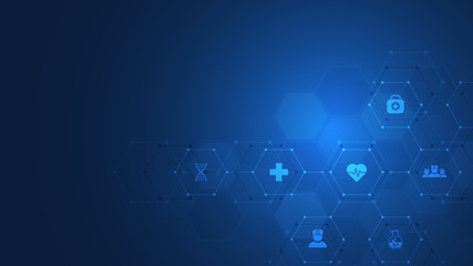 Healthcare and technology concept with flat icons and symbols. Template design for health care business, innovation medicine, science background, medical research. Vector illustration.