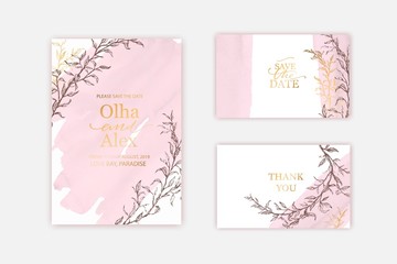 Blush watercolor texture card. Floral wedding invitation design. Pale pink hand painted brush stroke. Thank you card, invitation template.