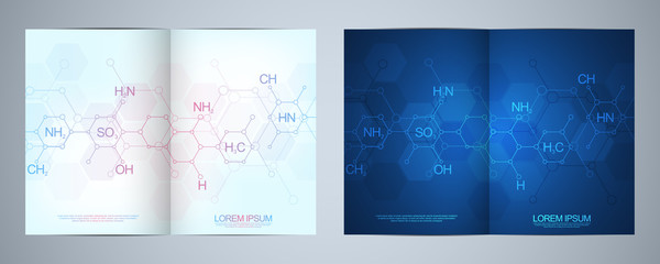 Template brochure or cover design, book, flyer with abstract chemistry background and chemical formulas. Concept and idea for science and innovation technology.