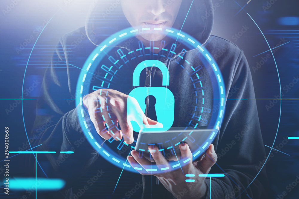 Poster hacker with tablet, cyber security hud interface