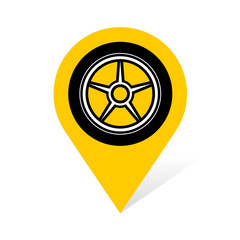 Wheel disc with tire on a pin place point symbol. Tire fitting service station location icon. Car wheels service sign.