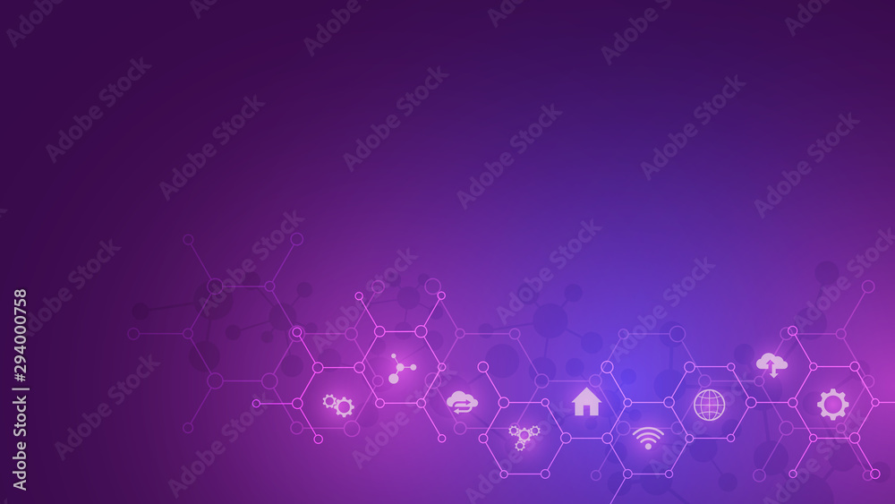 Poster Technology background with flat icons and symbols. Concept and idea for internet of things, communication, network, innovation technology, system integration. Vector illustration.