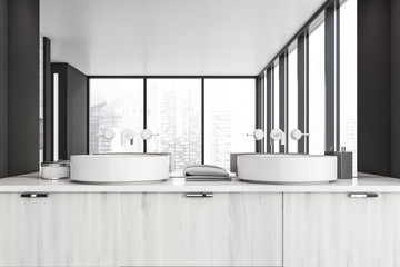 Naklejka na ściany i meble Panoramic gray bathroom with sink, close up