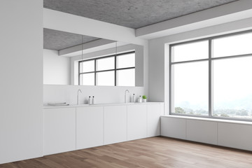 Spacious white bathroom corner with double sink