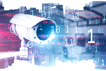 CCTV camera in city, digital interface