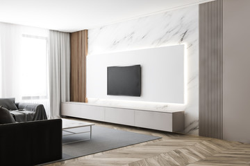 Luxury white marble living room with TV and sofa