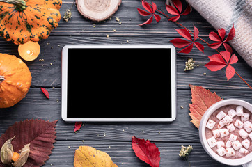 Autumn fall holiday background with pumpkin orange leaves cocoa cup tablet computer blank empty...