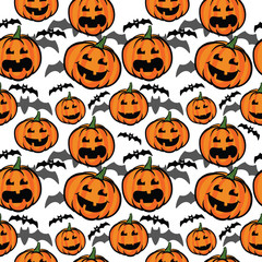 Jack O Lantern and bat Silhouette Background. Halloween Pumpkin Wallpaper - vector illustration. funny, scary, seamless pattern for kids