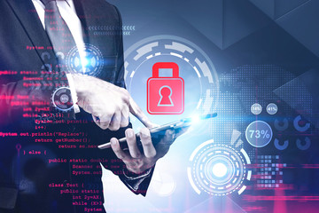 Businessman with tablet, cyber security interface