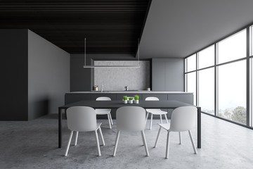 Gray and wooden luxury kitchen interior