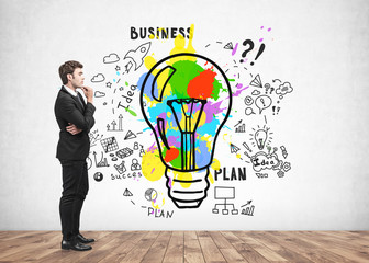 Pensive man and his bright business idea